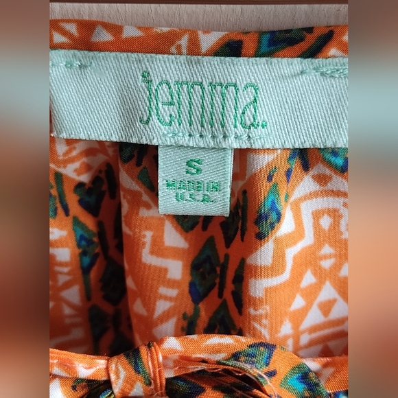 Jemma Women's Boho Short Sleeve Orange and Green Geo Print Top | Size Small - Picture 4 of 6